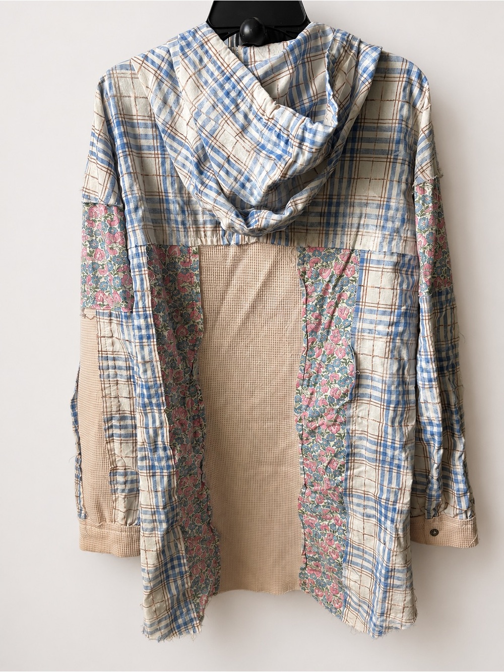 POL Patchwork Hooded Shacket Floral Plaid Waffle Knit Oversized Size Small - Picture 2 of 3